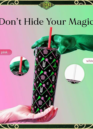 Dragon Glassware x WICKED Vacuum Insulated Tumbler with Lid and Straw - 24 oz Tumbler Cup with 2 Straws - Stainless Steel Tumbler with Straw for Water, Iced Tea - Wicked Movie Green Tumbler with Straw