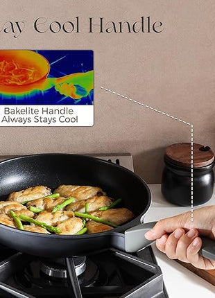 PRICUSIS Nonstick Frying Pan, 8/10/12 Inch Skillet with Stay Cool Handle, Fully Coated, Induction Compatible & Oven Safe, 100% Dishwasher Safe, PTFE & PFOA Free（10 Inch, Black Sesame）