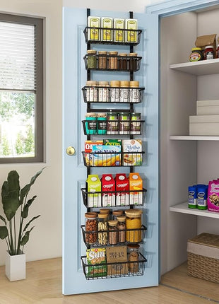 12 Inch Wide Narrow Over The Door Pantry Organizer, Pantry Organization and Storage, Black 8-Tier Metal Hanging Deep Basket Wall Spice Rack Seasoning Shelves, Home & Kitchen Essentials