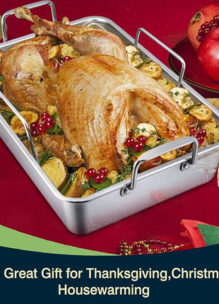 P&P CHEF 16" Roaster Roasting Pan with Baking Rack and V-shaped Rack, Stainless Steel Rectangular Lasagna Pan with Handles for Turkey Chicken, Healthy & Dishwasher Safe, 3 Pieces, Silver
