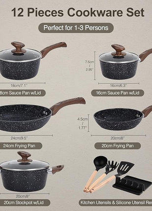 Pots and Pans Set Non Stick, 12pcs Black Ceramic Cookware Set, Non-toxic Induction Cookware Kitchen Cooking Set, PFAS and PFOA Free