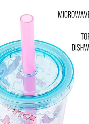 Silver Buffalo Disney Lilo and Stitch Snacking Pattern Plastic Boba Tumbler with Lid and Straw, 24 Ounces