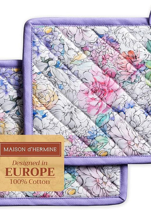 Maison d' Hermine Pot Holders Set 100% Cotton Heat Resistant Potholders 8" x 8" Hot Pads with Loop BBQ, Cooking, Baking, Grilling, Kitchen, Handling Hot Pans Spring/Summer (Pack of 2, Floral Love)