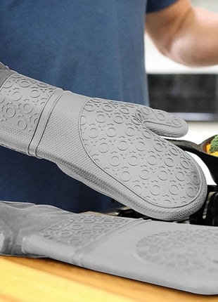 BPA-Free Soft Silicone Oven Mitts - Ultra Heat Resistant Oven Mitts with Thick Cotton Liner - Extra Long Slip Resistant Pot Holders, Flexible Oven Gloves - Gray 14.7"