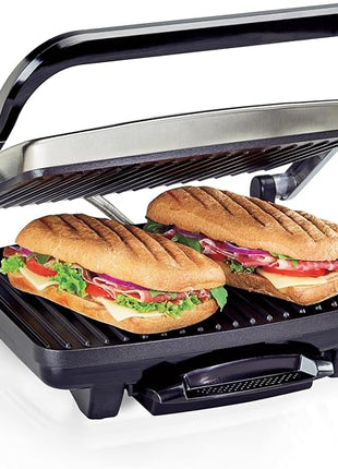 Hamilton Beach Panini Press, Sandwich Maker & Electric Indoor Grill, Upright Storage, Nonstick Easy Clean Grids, Stainless Steel (25410)