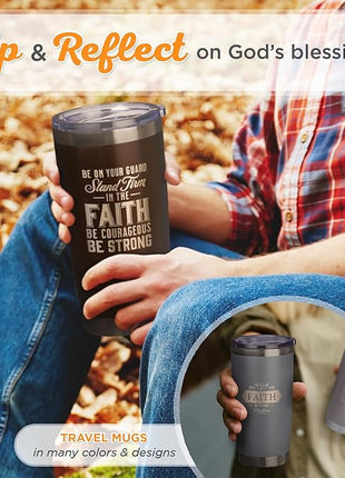 Christian Art Gifts Stainless Steel Double Wall Vacuum Insulated Tumbler 18 oz Brown Travel Mug with Retractable Lid for Women & Men Inspirational Bible Verse - Stand Firm -1 Corinthians 16:13