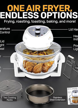 Big Boss 16Qt Extra Large Glass Air Fryer Non Toxic – Family Sized 4 in 1 Cooker with 3 Cooking Sections, Stainless Steel Racks for French Fries, Chicken, No Preheat, Self Cleaning, Dishwasher Safe