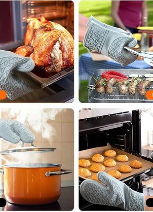 Silicone Oven Mitts, Heat Resistant 2PCS Oven Mitts with Soft Cotton Lining, Waterproof Non-Slip Grip Oven Glove, Kitchen Potholder Mits for BBQ, Baking, Cooking, 12.5 Inch - Grey
