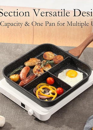 ESLITE LIFE 11 Inch Nonstick Divided Grill Pan with Lid for Indoor Cooking, Versatile 3-In-1 Induction Large Breakfast Pan for Stove Tops, PTFE & PFOA Free, Black