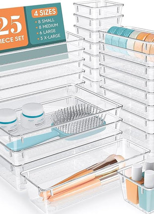 WOWBOX 25 PCS Clear Plastic Drawer Organizer Set, 4 Sizes Desk Drawer Divider Organizers and Storage Bins for Makeup, Jewelry, Gadgets for Kitchen, Bedroom, Bathroom, Office