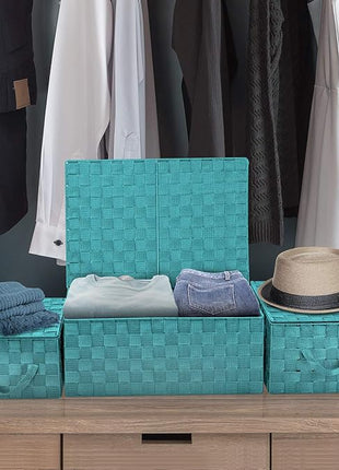Sorbus Set of 3 Hand-Woven Storage Baskets with Lids (Aqua) – Mesh Bins for Closet, Shelf, or Pantry Organization – Variety Pack for Home and Office Storage