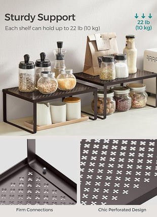 SONGMICS Spice Racks, Set of 4 Metal Cabinet Shelf Organizers, Countertop Organizers, Shelf Risers, Stackable, Expandable, Brown UKCS06BR