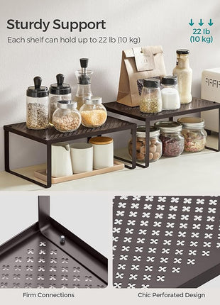 SONGMICS Spice Racks, Set of 2 Metal Cabinet Shelf Organizers, Countertop Organizers, Shelf Risers, Stackable, Expandable, Brown UKCS01BR