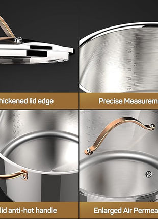 8 Quart Stock Pot, 3 Ply Whole Clad Stainless Steel Stock Pot, 8 QT Cooking Pot with Lid, Induction Pot for Cooking, 18/10 Stainless Steel Cookware Stockpots Oven, Gas and Dishwasher Safe