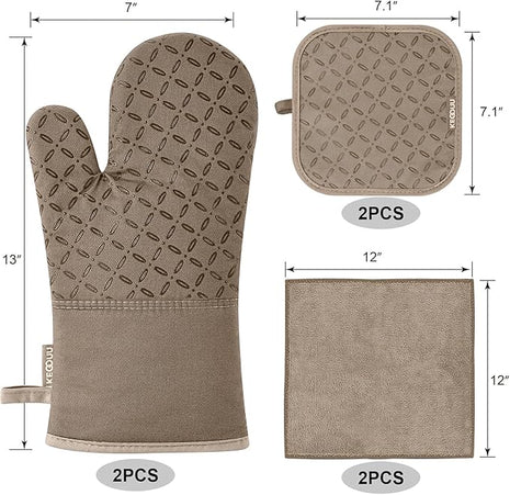 KEGOUU Oven Mitts and Pot Holders 6pcs Set, Kitchen Oven Glove High Heat Resistant 500 Degree Extra Long Oven Mitts and Potholder with Non-Slip Silicone Surface for Cooking (Khaki)