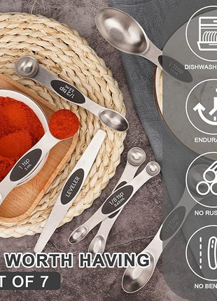 Aovchei 7 PCS Magnetic Measuring Spoons Set, Dual Sided, Stainless Steel Small Tablespoon, Teaspoons, Fits in Spice Jars, for Dry and Liquid, Black