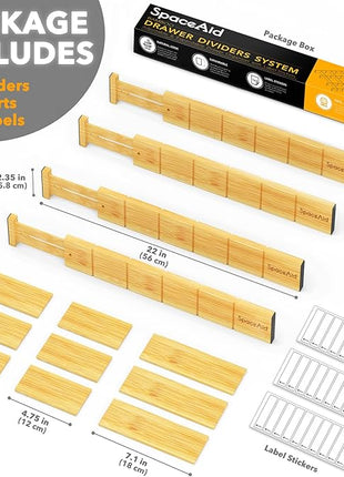 SpaceAid Bamboo Drawer Dividers with Inserts and Labels, Kitchen Adjustable Drawer Organizers, Expandable Organization for Home, Office, Dressers, 4 Dividers with 9 Inserts (17"-22" Natural)