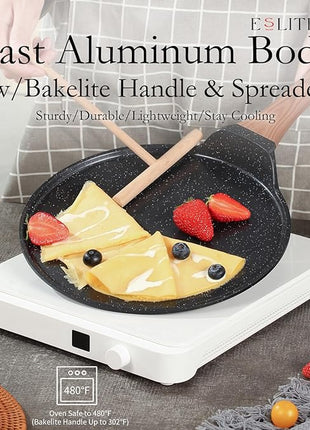 ESLITE LIFE 9.5 Inch Crepe Pan with Spreader, Nonstick Ceramic Flat Skillet Dosa Tawa Comales Para Tortillas Pancake Pan, PTFE & PFOA Free, Black