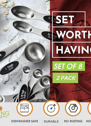 Spring Chef Stainless Steel Magnetic Measuring Spoons Set of 8 with Leveler, Dual Sided Metal Teaspoon & Tablespoon Measuring Spoons, Nesting Kitchen Gadgets for Baking & Cooking - 2 Pack - Black