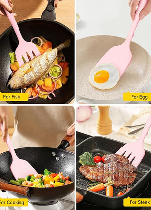 Pack of 2 Silicone Spatula Turners, Non Stick Slotted Kitchen Spatula Set, Heat Resistant BPA Free Kitchen Utensils, One-Piece Design, Suitable for Flipping Fish, Eggs, Steak, Pancakes (PINK)