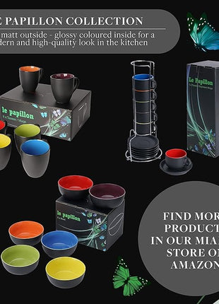 MIAMIO - Set of 6 Stoneware Coffee Mugs 12 Ounce/Cup Set - Le Papillon Collection (Black-Colourful)