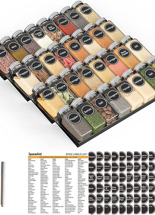 SpaceAid Spice Drawer Organizer with 32 Spice Jars, 386 Spice Labels, 4 Tier Seasoning Rack Tray Insert for Kitchen Drawers, 15" Wide x 17.5" Deep