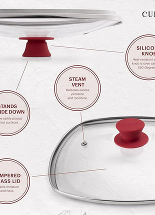 Cuisinel Square Glass Lid for Grill Pans with Steam Vent Hole - 10.5"-inch/26.67cm - Fits Lodge Cast Iron - Fully Assembled Universal Replacement Cover - Tempered and Oven Safe - Reinforced Stainless