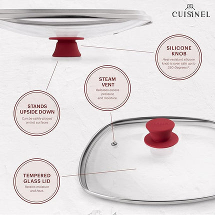 Cuisinel Square Glass Lid for Grill Pans with Steam Vent Hole - 10.5"-inch/26.67cm - Fits Lodge Cast Iron - Fully Assembled Universal Replacement Cover - Tempered and Oven Safe - Reinforced Stainless