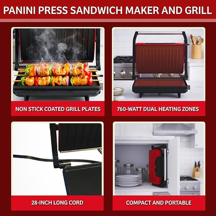 Panini Press - Sandwich Maker with Nonstick Plates - Indoor Countertop Grill for Cooking Burgers, Steak, Grilled Cheese, and More (Red)