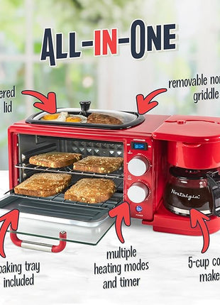 Nostalgia 3-in-1 Retro Breakfast Station - Includes 5 Cup Coffee Maker, Non-Stick Ceramic Griddle, and 4-Slice Toaster Oven - Built-In Timer, Reusable Coffee Filter, Space-Saving Design - Red
