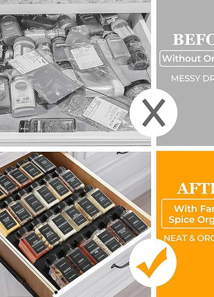 Famhap 6 Pack Spice Drawer Organizer with Labels and 36 Plastic Jars, Expandable from 11.7" to 23.2" Seasoning Rack Tray Insert for Kitchen Drawers, Spice Rack Drawer for Spice Jars