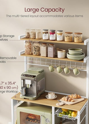 VASAGLE Bakers Rack with Power Outlet, 35.4 Inches Microwave Stand, Coffee Bar, 4 AC Outlets, with Adjustable Shelves, 8 S-Hooks, Basket, Spice Racks, Golden Oak and Cloud White UKKS031Y09