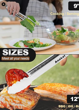 Anaeat Premium Stainless Steel Kitchen Tong Set of 2 - Sturdy Coiled Spring 9" and 12" Locking Food Tong with Non-Slip Silicone Grip for Cooking, Baking, Grilling, BBQ - Heat Resistant up to 480°F
