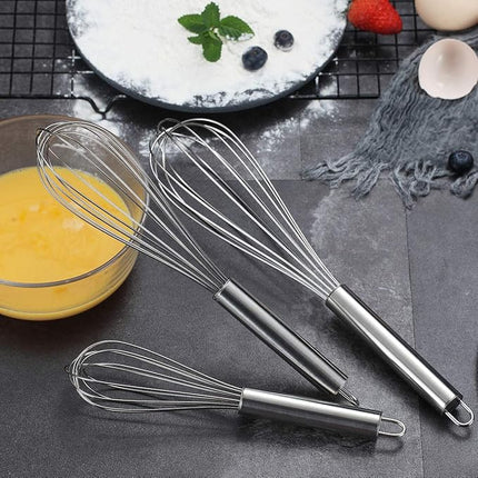 Berglander Whisk Set Pack of 3, Stainless Steel Whisks for Cooking 8",10",12", Wire Ballon Wisk (Silver)