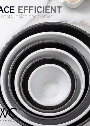 COOK WITH COLOR Mixing Bowls with TPR Lids - 12 Piece Plastic Nesting Bowls Set includes 6 Prep Bowls and 6 Lids, Microwave Safe Mixing Bowl Set (Black and White)