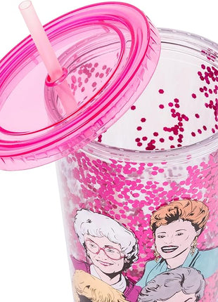 Silver Buffalo The Golden Girls Featuring Blanche, Sophia, Dorothy, and Rose Plastic Confetti Cold Cup with Lid and Straw, 32 Ounces