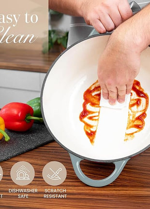 Nuovva Enamelled Cast Iron Dutch Oven Pot with Lid 6.4 Quart Non Stick Casserole Pot – Heavy Duty & Oven Safe up to 500° F for Bread Baking, Braising, Stews, Roasting – 28cm Sea Salt