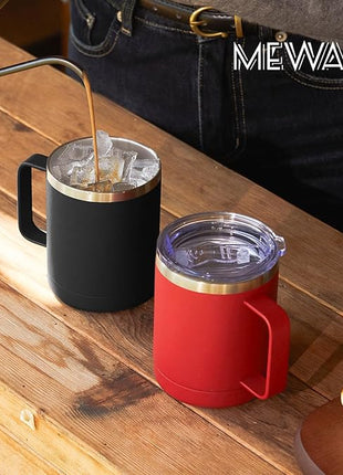 MEWAY 12oz Coffee Mug With Handle 2 Pack Bulk,Stainless Steel Insulated Travel Tumblers With Sliding Lid,Double Wall Vacuum Camping Cup for Hot & Cold Drinks Tea (Black,Set of 2)