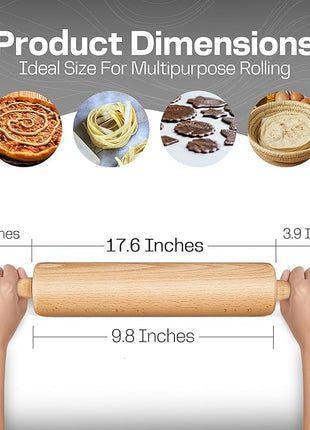 Wooden Rolling Pin 17.6 Inch with Rotating Ergonomic Handles – Classic Beech Wood Dough Roller for Baking Pizza, Pastry, Bread, and Cookies