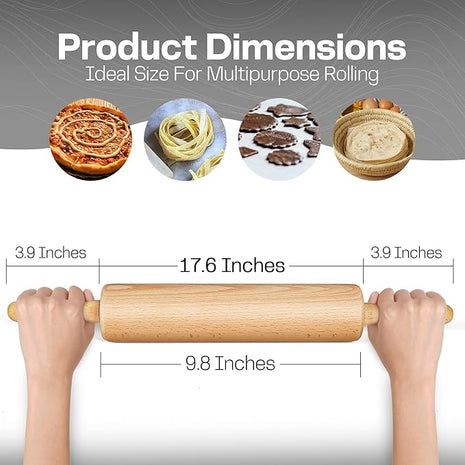 Wooden Rolling Pin 17.6 Inch with Rotating Ergonomic Handles – Classic Beech Wood Dough Roller for Baking Pizza, Pastry, Bread, and Cookies