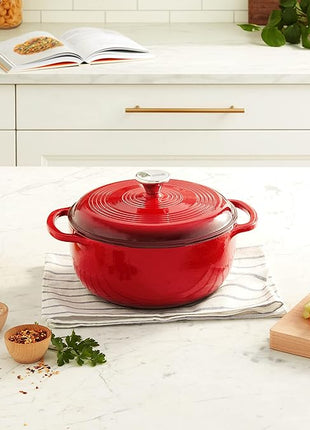 Lodge 4.5 Quart Enameled Cast Iron Dutch Oven with Lid – Dual Handles – Oven Safe up to 500° F or on Stovetop - Use to Marinate, Cook, Bake, Refrigerate and Serve – Island Spice Red
