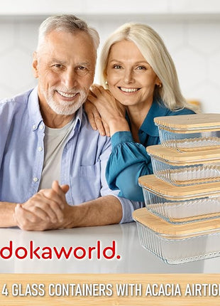 Ribbed Glass Tupperware Set with Bamboo Lids - 4 Stackable Meal Prep Containers. Durable heat resistant Inert Borosilicate Glass