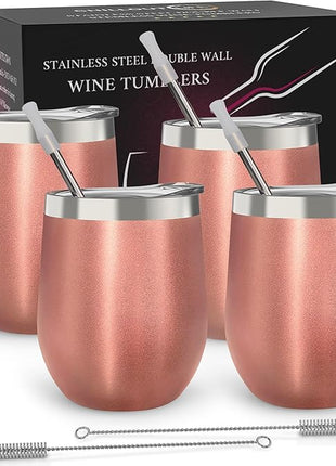 CHILLOUT LIFE 12 oz Stainless Steel Wine Tumblers 4 Pack - Double Wall Vacuum Insulated Wine Glasses Cups with Lids and Straws Set Keeping Cold & Hot for Coffee, Beer, Ice Cream - Rose Gold