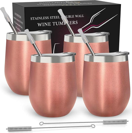 CHILLOUT LIFE 12 oz Stainless Steel Wine Tumblers 4 Pack - Double Wall Vacuum Insulated Wine Glasses Cups with Lids and Straws Set Keeping Cold & Hot for Coffee, Beer, Ice Cream - Rose Gold