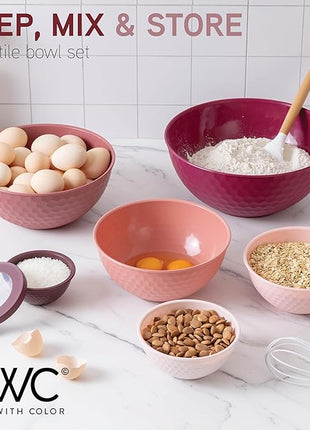 COOK WITH COLOR Mixing Bowls with Lids - 12 Piece Plastic Nesting Bowls Set includes 6 Prep Bowls and 6 Lids, Non Slip Bottom and Embossed Design - Microwave Safe (Rose)