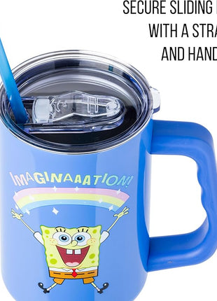 Silver Buffalo SpongeBob SquarePants “Imaginaaation!” Stainless Steel Tumbler with Handle, Fits in Standard Cup Holder, 40 Ounces