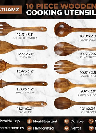 SPATUAMZ Teak Wood Spoons for Cooking, Natural Wooden Utensil Set of 10, Durable Heat Resistant Kitchen Cooking Utensils for Non-Stick Cookware