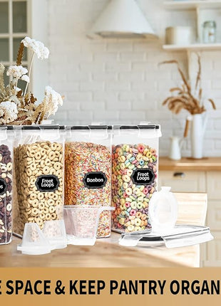 PRAKI Cereal Containers Storage Set (4L,135.2 Oz), 4PCS Airtight Food Storage Containers with Pour Spout for Kitchen & Pantry Organization Cereal Dispensers with 20 labels, Measuring Cup & Marker