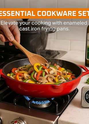 Bruntmor 12-Inch Enameled Cast Iron Skillet - Pre-Seasoned Frying Pan for Cooking, Grilling, and Baking - Smooth Nonstick Cast Iron Pan - Oven Safe and Durable Cookware for Versatile Use - Red