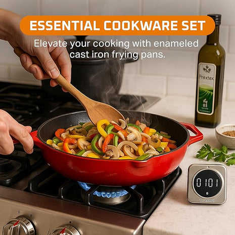 Bruntmor 12-Inch Enameled Cast Iron Skillet - Pre-Seasoned Frying Pan for Cooking, Grilling, and Baking - Smooth Nonstick Cast Iron Pan - Oven Safe and Durable Cookware for Versatile Use - Red